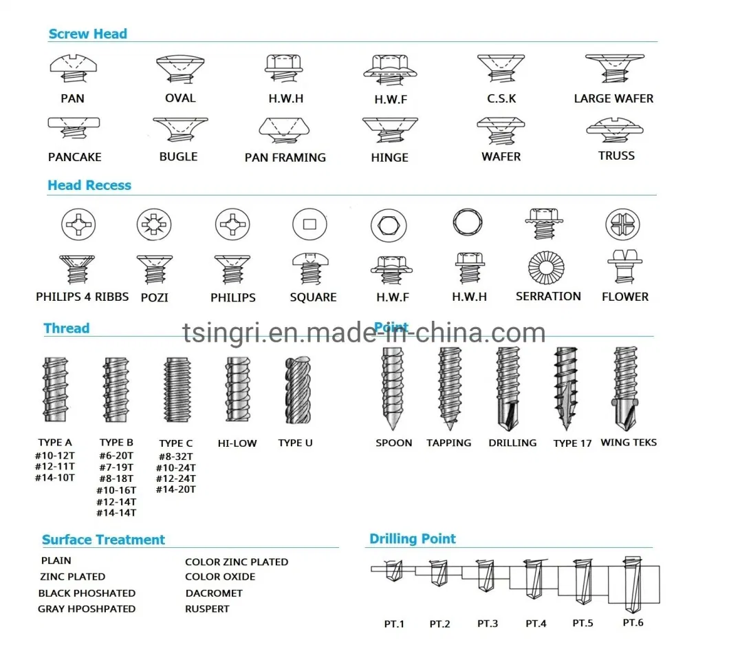 TGR/Tsingri Stainless Carbon Steel Self Tapping Drilling Screws Chipboard Wood Deck Drywall Concrete Screws Type 17 Timber Screws PT Screws