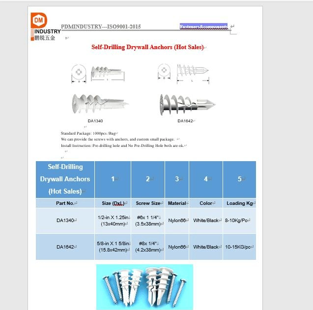 Self Drilling Nylon Drywall Anchor